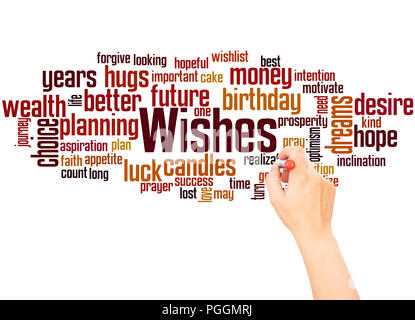 Wünsche Wort cloud hand Konzept Schrift auf weißen Hintergrund. Stockfoto