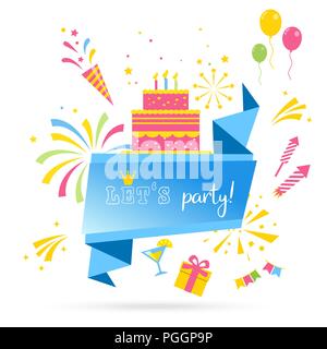 Feuerwerk und Feier Hintergrund, Sieg Banner. Vektor Design für Grußkarten und Poster mit Ballon, Konfetti, Geschenkbox, Design Templat Stock Vektor