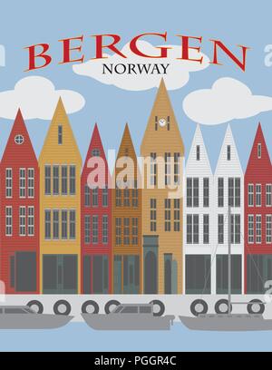 Bergen Norwegen Downtown waterfront Bunte Holzhäuser Einkaufsviertel poster Abbildung Stock Vektor