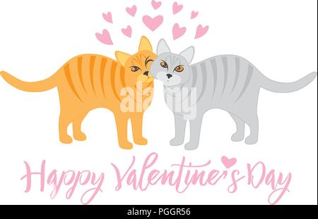 Paar Calico und Tabby Katzen kuscheln mit Happy Valentines Day Text auf weißem Hintergrund Abbildung isoliert Stock Vektor