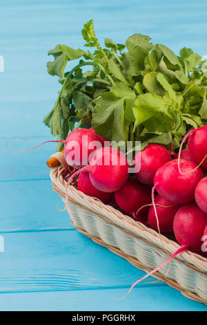 Rote reife Radieschen in Korb. Close Up. Blau Holz Hintergrund. Stockfoto