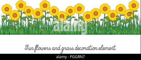 Sonnenblumen und Gras Dekorationselement, auf transparentem Hintergrund isoliert, cartoon Vector Illustration. Stock Vektor