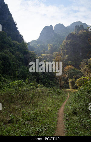 Malerischer Blick auf die üppige Natur, Kalkstein Berge und Hügel in der Nähe von Vang Vieng, Vientiane, Laos, Provinz an einem sonnigen Tag. Stockfoto