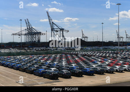 Hunderte von Honda Pkw und SUVs warten auf Export saß in Wartebereiche in Southampton Docks UK. Stockfoto