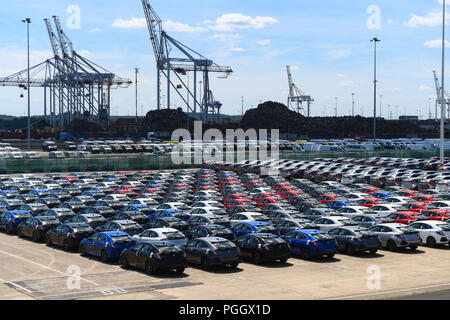 Hunderte von Honda Pkw und SUVs warten auf Export saß in Wartebereiche in Southampton Docks UK. Stockfoto