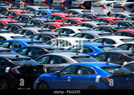 Hunderte von Honda Pkw und SUVs warten auf Export saß in Wartebereiche in Southampton Docks UK. Stockfoto