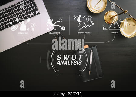 SWOT-Analyse virtuelle Diagramm mit Stärken, Schwächen, Möglichkeiten und Risiken des Unternehmens. Recht und Gesetz Konzept. Rechtsanwalt Arbeitsplatz mit Laptop ein Stockfoto