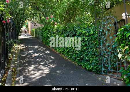 Ein fussgänger Spaziergänge durch dappled Sonne auf dem Cutoff Pfad in Berkeley, CA. Stockfoto