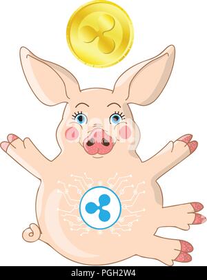 Rosa Schweinchen mit Umarmung Geste auf Weiß mit goldenen cryptocurrency Münze isoliert Stock Vektor