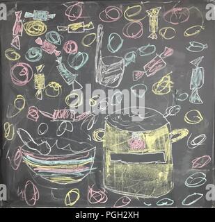 Bunte Künstlerische Zeichnung der Kreide mit Mittagessen Hintergrund. Vector Illustration Stock Vektor