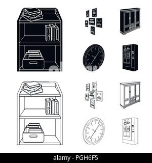 Schränke, Regale mit Büchern und Dokumenten, Frames auf der Wand, runde Uhren. Office Interior set Sammlung Icons in Schwarz, Outline style Isometrische ve Stock Vektor