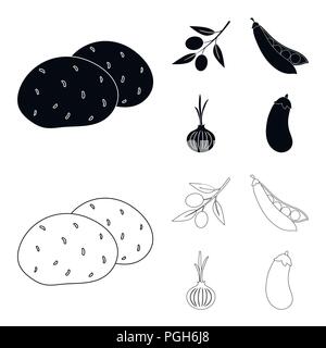 Oliven auf einen Zweig, Erbsen, Zwiebeln, Auberginen. Gemüse Sammlung Icons in Schwarz, Outline style Vektor Symbol lieferbar Abbildung. Stock Vektor