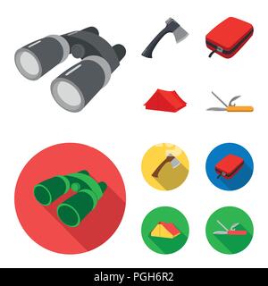 Ax, Erste Hilfe Kit, touristische Hütte, Taschenmesser. Camping set Sammlung Icons im Cartoon, flacher Stil vektor Symbol lieferbar Abbildung. Stock Vektor