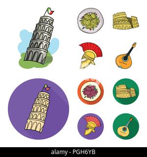 Pisa Tower, Pasta, Kolosseum, Legionär Helm. Italien Land Sammlung Icons im Cartoon, flacher Stil vektor Symbol lieferbar Abbildung. Stock Vektor