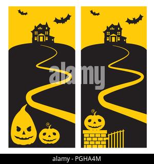 Ein frequentiertes Haus auf einem Hügel mit leuchtenden Kürbisse, ein horror gelb Himmel und fliegen Fledermäuse und einen Pfad-Vector Halloween Party Einladung Stock Vektor