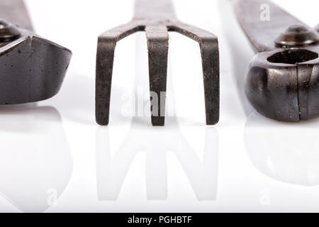 Bonsai Tools auf Weiß isoliert. Dreschtrommel, Dreschkorb cutter Gartenschere, und Rechen. Stockfoto