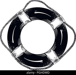 Hand gezeichnete Skizze der Rettungsring in schwarz auf weißem Hintergrund. Detaillierte Vintage Style Zeichnung. Vector Illustration Stock Vektor