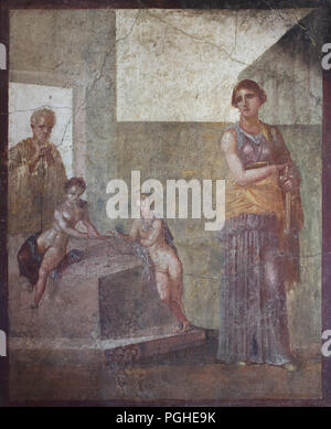 Medea Planung der Mord an ihren Kindern dargestellt in der römischen Fresko aus dem Haus der Dioskuren (Casa dei Dioscuri) in Pompeji (62-79 N.CHR.), nun im Nationalen Archäologischen Museum (Museo Archeologico Nazionale di Napoli) in Neapel, Kampanien, Italien. In ihrer Unwissenheit, die Sie spielen Knucklebones, während ein älterer Lehrer ihnen hilft. Das Fresko wird gedacht, um aus einer Arbeit von Timomachos von Byzanz, die um die Mitte des 1. vorchristlichen Jahrhunderts aktiv war abzuleiten. Stockfoto