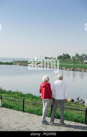 Ansicht der Rückseite Porträt des modernen senior Paar stehen am See zusammen während des gehen, Platz kopieren Stockfoto