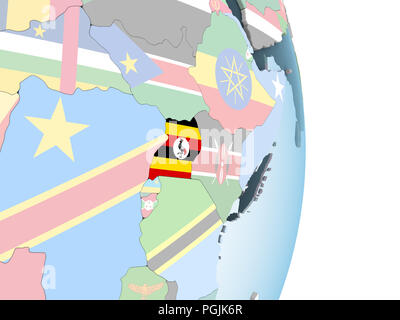 Uganda auf hellen politischen Welt mit eingebetteten Flagge. 3D-Darstellung. Stockfoto