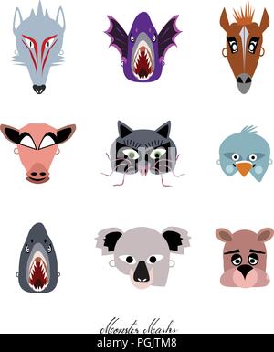 Urlaub, Reisen und Feiern, Abbildung der Tiere, Monster und Tier Masken für Halloween Feier Party. Stock Vektor