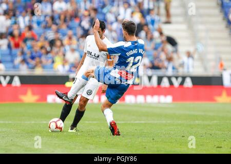 Spanien - 26. August: Valencia CF Mittelfeldspieler Daniel Parejo (10) und der RCD Espanyol defender Didac (12) Während des Spiels zwischen RCD Espanyol v Valencia für die Runde 2 der Liga Santander, an Cornella-El Prat Stadion am 26. August 2018 in Barcelona, Spanien gespielt. (Credit: Urbanandsport/Cordon Drücken) Credit: CORDON PRESSE/Alamy leben Nachrichten Stockfoto