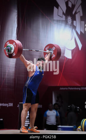 Jakarta, Indonesien. 27 Aug, 2018. Mann Assad in Syrien konkurriert, während Männer weightlifting 105 kg Ereignis am 18. asiatischen Spiele in Jakarta, Indonesien, Nov. 27, 2018. Credit: Huang Zongzhi/Xinhua/Alamy leben Nachrichten Stockfoto