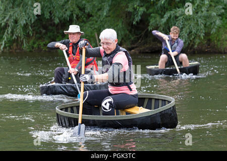 Shropshire, Großbritannien. 27. August 2018. Wettbewerber in den jährlichen August Bank Holiday Coracle Rennen auf dem Fluss Severn in Ironbridge in Shropshire. Diese kleinen handgebaut Fluss haben auf Flüssen in Großbritannien seit Hunderten von Jahren verwendet und die ironbridge Rassen haben für viele Jahre gehalten worden. Stockfoto