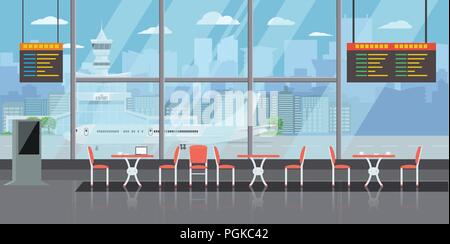 Hintergrund der Halle am Flughafen mit leeren Tische und Stühle. Solide und flachen Farbe Stil Design Vector Illustration. Stock Vektor