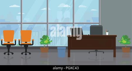 Leer moderne große Büro Einrichtung mit großen Fenster und das Stadtbild. Flach und Farbe Vector Illustration. Stock Vektor