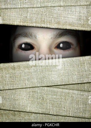 Halloween Hintergrund mit alten Verband von Mumien und Augen im Dunkeln. Mock up Vorlage. Kopieren Sie Platz für Text. 3D-Rendering Stockfoto