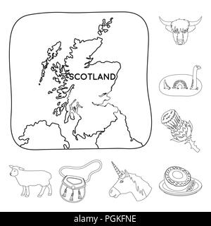 Land Schottland Umrisse Symbole im Set Sammlung für Design. Sightseeing, Kultur und Tradition vektor Symbol lieferbar Abbildung. Stock Vektor