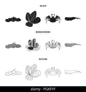 Elektrische Rampe, Muscheln, Krabben, Pottwal. Meer Tiere Sammlung Icons in Schwarz, monochrom, Outline style Vektor Symbol lieferbar Abbildung. Stock Vektor