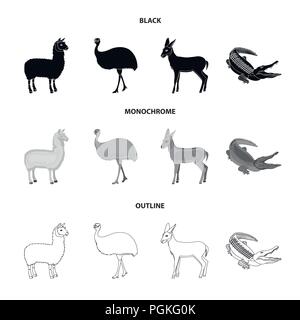 Lama, Strauß emu, jungen Antilope, Krokodil. Wildes Tier, Vogel, Reptil set Sammlung Icons in Schwarz, monochrom, Outline style Vektor Symbol s Stock Vektor