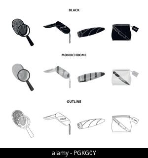 Ein Fingerabdruck Studie, ein Taschenmesser, eine Zigarre Detektiv, ein Verbrechen Waffe Werkzeug in das Paket. Kriminalität und Detektiv set Sammlung Icons in Schwarz, monochr Stock Vektor