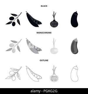 Oliven auf einen Zweig, Erbsen, Zwiebeln, Auberginen. Gemüse Sammlung Icons in Schwarz, monochrom, Outline style Vektor Symbol lieferbar Abbildung. Stock Vektor