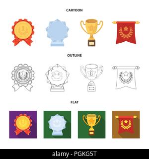 Eine olympische Medaille für den ersten Platz, eine Kristallkugel, eine goldene Schale auf einem Ständer, einem roten Anhänger. Auszeichnungen und Trophäen set Sammlung Icons im Cartoon, Überblick Stock Vektor