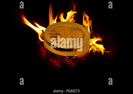 Auf einem schwarzen Hintergrund in offenes Feuer sind die goldenen Münzen einer virtuellen digitalen crypto Währung - Restwelligkeit für Unternehmen. Stockfoto