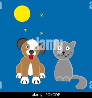 Lustige cartoon Hund und Katze Mondnacht. Stock Vektor