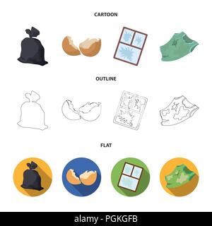 Einen Müllsack, eine zerbrochene Eierschale, einer zerrissenen schmutziges T-Shirt, ein kaputtes Fenster Rahmen mit Glas. Müll und Abfall set Sammlung Icons im Cartoon, Outline, Fl Stock Vektor