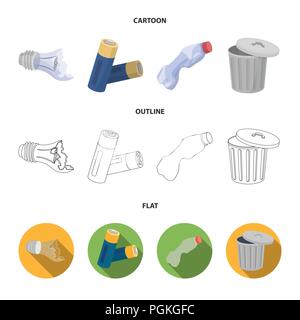 Defekte Glühbirne, Batterien verwendet und brach eine Plastikflasche, Müll kann mit Zeichen. Müll und Abfall set Sammlung Icons im Cartoon, Outline, Flat s Stock Vektor
