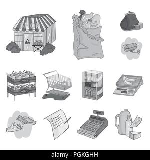 Supermarkt und Ausrüstung monochrome Icons im Set Sammlung für Design. Kauf von Produkten vektor Symbol lieferbar Abbildung. Stock Vektor