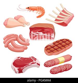 Fleisch Icon Set vektor Frisch und gegrilltes Fleisch Symbole gesetzt. Steak, Shrimps, Hähnchen, Würste, Rippen, Schweine- und Rindfleisch auf weißem Hintergrund. Stock Vektor