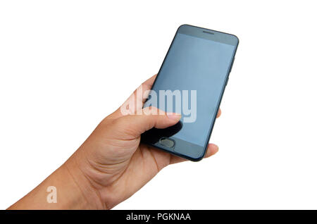 Hand phone Isolieren Hand gedrückt Schwarz Telefon auf einem weißen Hintergrund isolieren Stockfoto
