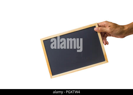 Close-up ein Mann Hand, die kleine Tafel oder Schwarzes Brett gegen den weißen Hintergrund gehören Freistellungspfad einfach zu Ausschnitt. Stockfoto