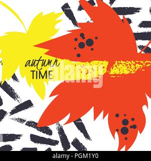 Herbst Blätter mit Text auf einer Hand gezeichnet Hintergrund. Abstrakte Vorlage. Helle Wohnung fallen lässt. Poster, Karten, Etiketten, Banner Design. Herbst Typografie Zitat. Vector Illustration Stock Vektor