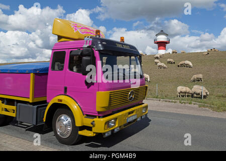 Lila Lkw vorbei an Schafen vor dem Leuchtturm, Lühe, Altes Land (altes Land), Niedersachsen, Deutschland Stockfoto