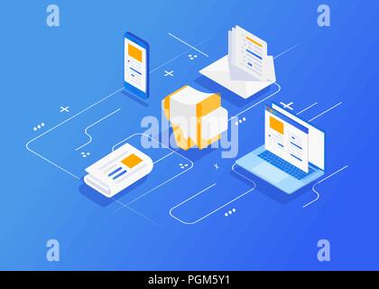 Digitales Marketing Konzept. Outbound Marketing. Isometrische Charakter Digital Marketing Agentur. Stock Vektor