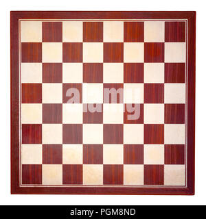 Ansicht von oben in Braun und Beige Holz- Schachbrett, auf weißem Quadrat Hintergrund Stockfoto