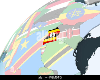 Uganda auf hellen politischen Welt mit eingebetteten Flagge. 3D-Darstellung. Stockfoto